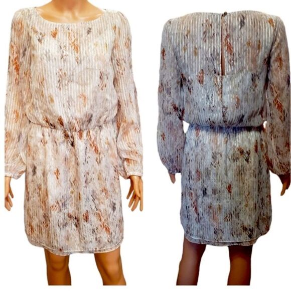 White House Black Market Sheer Stripe Split Long Sleeve Dress - Picture 2 of 16